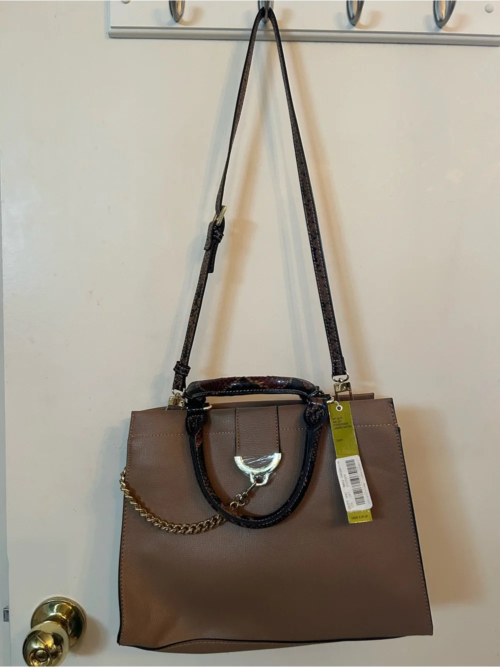 Gianni Bini Taupe Structured Satchel with Gold Chain Accent